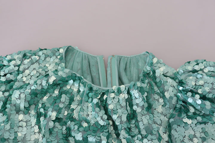Dolce &amp; Gabbana Blue Sequined Pleated Aline Midi Nylon Dress