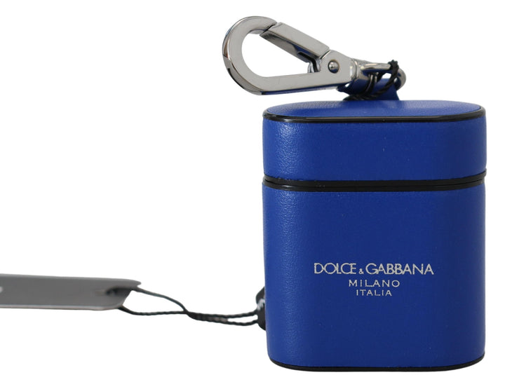 Dolce &amp; Gabbana Blue Leather Silver Metal Logo Airpods Case