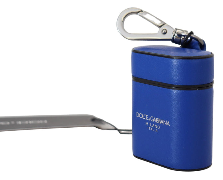Dolce &amp; Gabbana Blue Leather Silver Metal Logo Airpods Case
