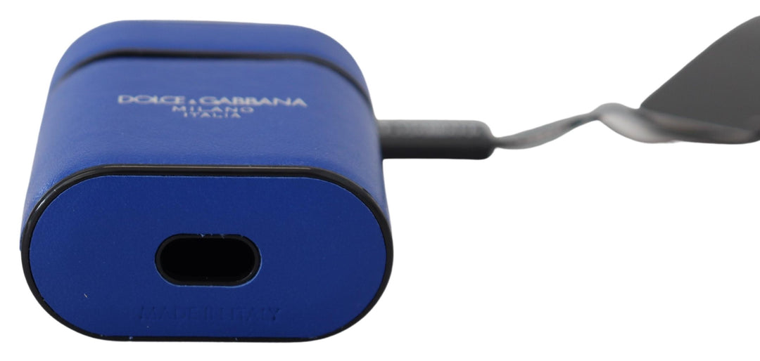 Dolce &amp; Gabbana Blue Leather Silver Metal Logo Airpods Case