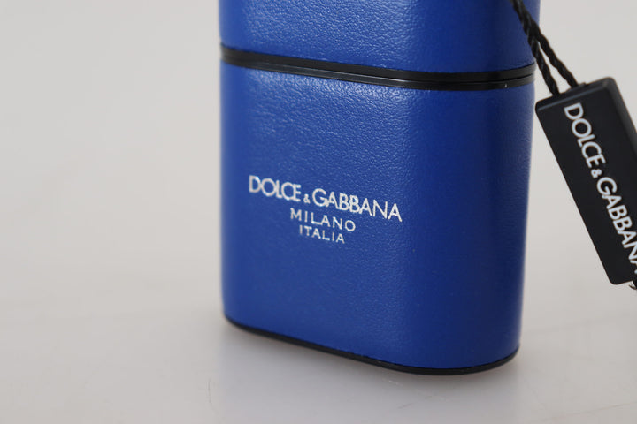 Dolce &amp; Gabbana Blue Leather Silver Metal Logo Airpods Case
