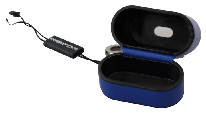 Dolce &amp; Gabbana Blue Leather Silver Metal Logo Airpods Case