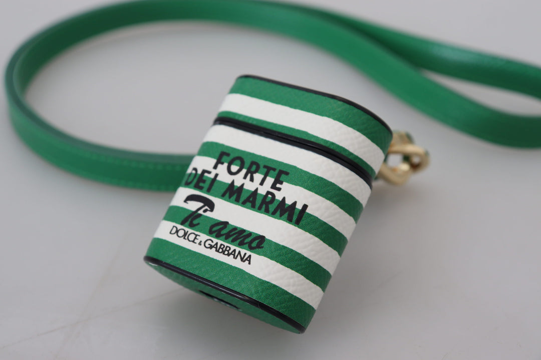 Dolce &amp; Gabbana Green Leather Strap Gold Metal Logo Airpods Case