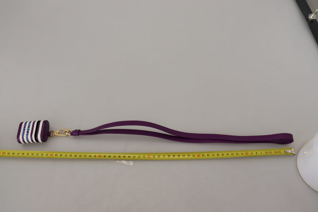 Dolce &amp; Gabbana Purple Leather Strap Gold Metal Logo Airpods Case
