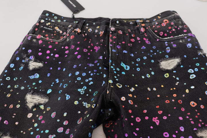 Dolce &amp; Gabbana Black Multicolor Print Tattered Denim Jeans