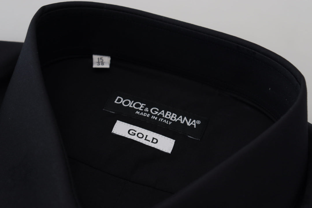 Dolce &amp; Gabbana Black Cotton Slim Fit Formal Dress GOLD Shirt