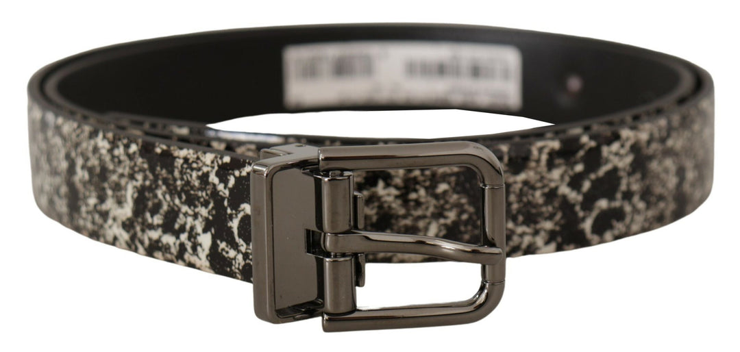 Dolce &amp; Gabbana Black Marble Print Leather Gray Logo Belt