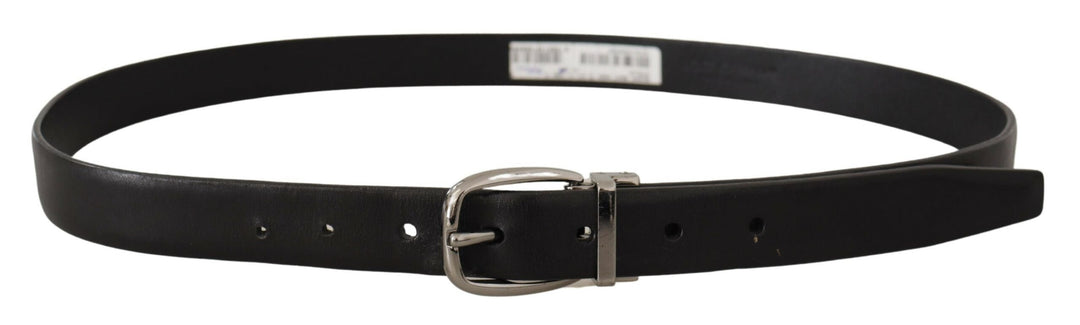 Dolce &amp; Gabbana Black Leather Chrome Logo Metal Buckle Belt