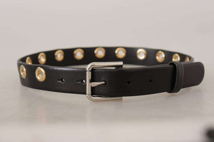 Dolce &amp; Gabbana Black Leather Eyelet Silver Tone Metal Buckle Belt