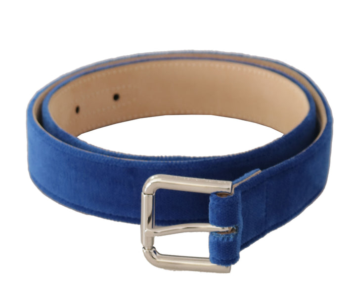 Dolce &amp; Gabbana Blue Velvet Silver Logo Engraved Metal Buckle Belt