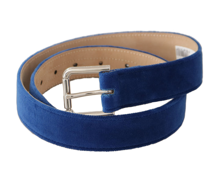 Dolce &amp; Gabbana Blue Velvet Silver Logo Engraved Metal Buckle Belt