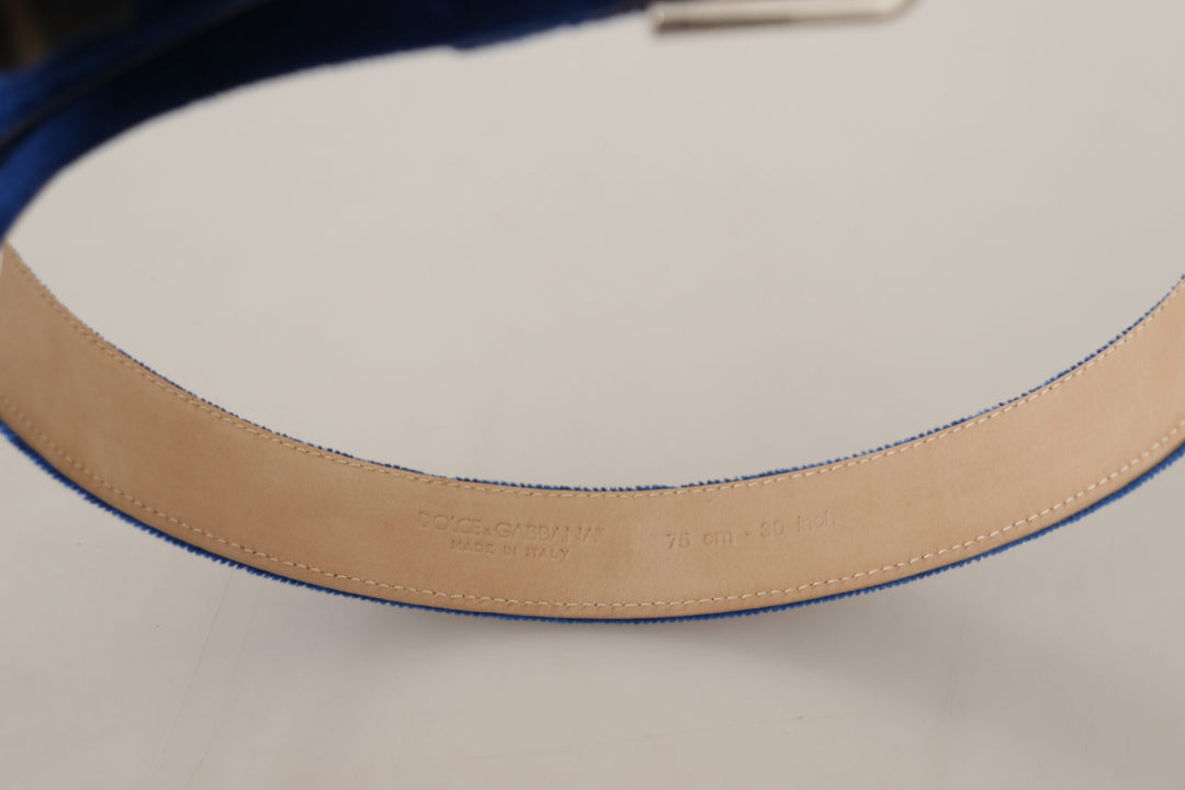 Dolce &amp; Gabbana Blue Velvet Silver Logo Engraved Metal Buckle Belt