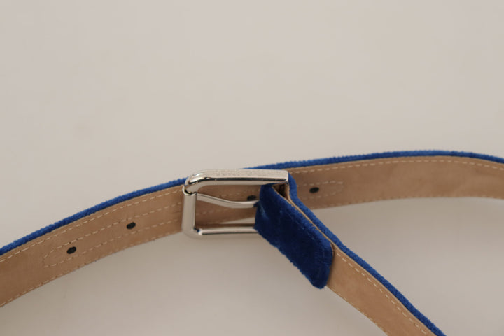 Dolce &amp; Gabbana Blue Velvet Silver Logo Engraved Metal Buckle Belt