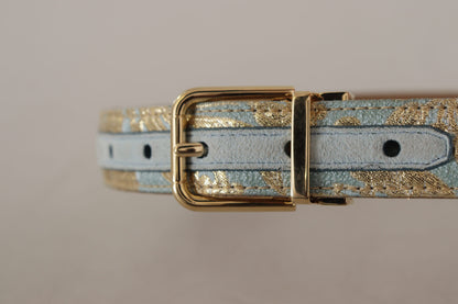 Dolce & Gabbana Blue Leather Jacquard Embossed Gold Metal Buckle Belt