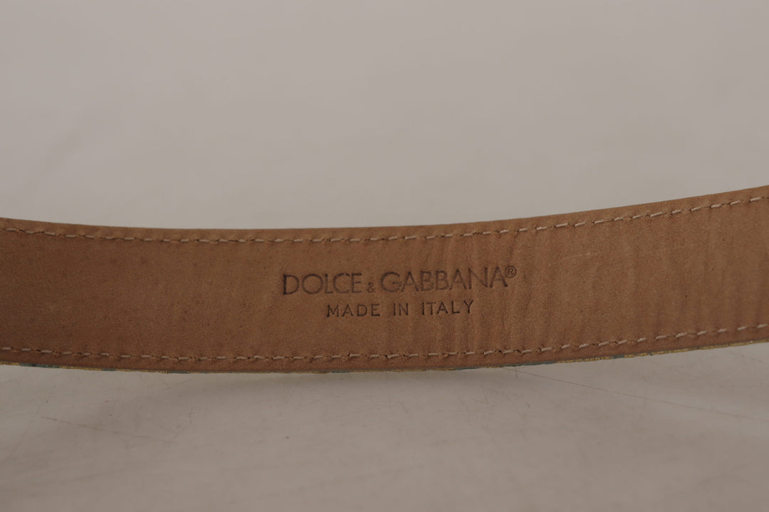 Dolce &amp; Gabbana Blue Leather Jacquard Embossed Gold Metal Buckle Belt