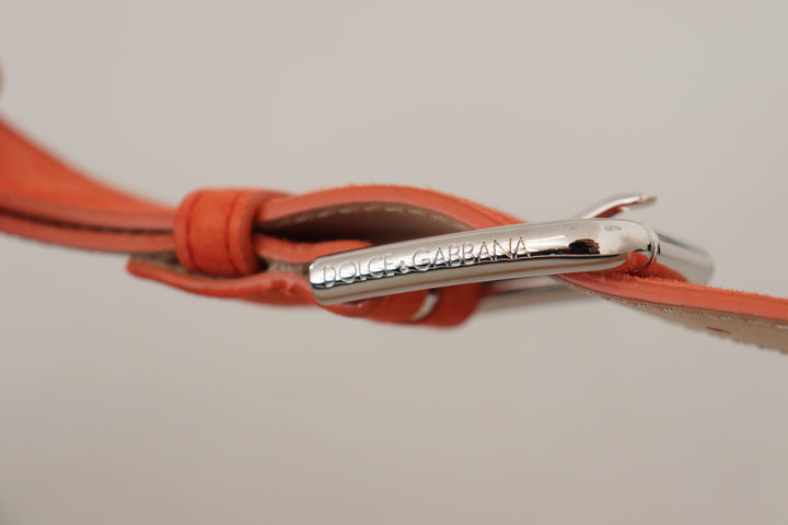 Dolce &amp; Gabbana Orange Leather Suede Silver Logo Metal Buckle Belt