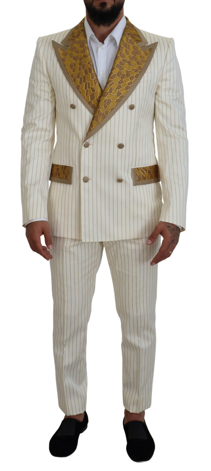 Dolce &amp; Gabbana Off White Gold Striped Tuxedo Slim Fit Suit