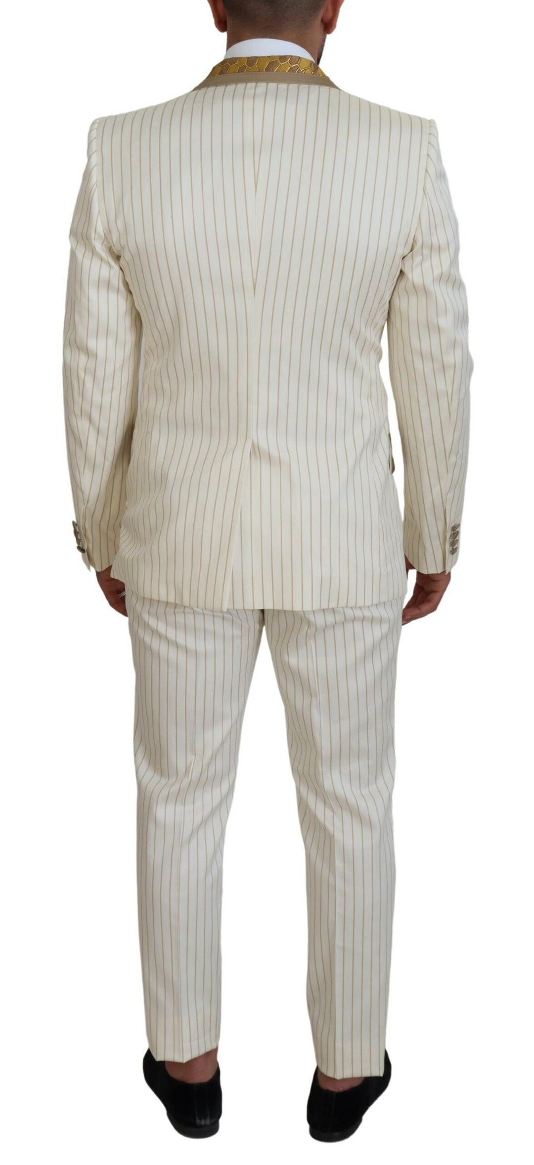 Dolce &amp; Gabbana Off White Gold Striped Tuxedo Slim Fit Suit