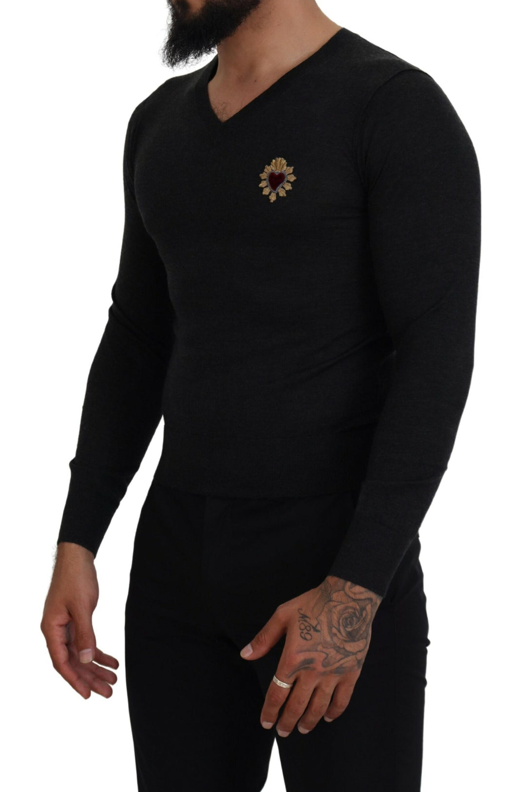 Dolce &amp; Gabbana Gray Cashmere V-neck Gold Heart Sweater