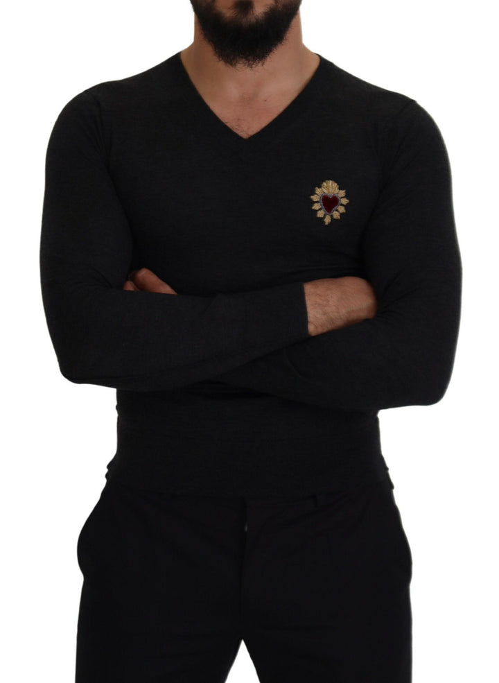 Dolce &amp; Gabbana Gray Cashmere V-neck Gold Heart Sweater