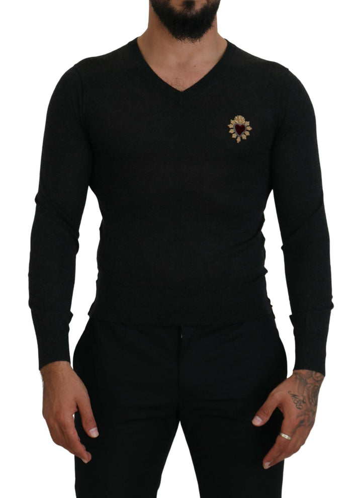 Dolce &amp; Gabbana Gray Cashmere V-neck Gold Heart Sweater
