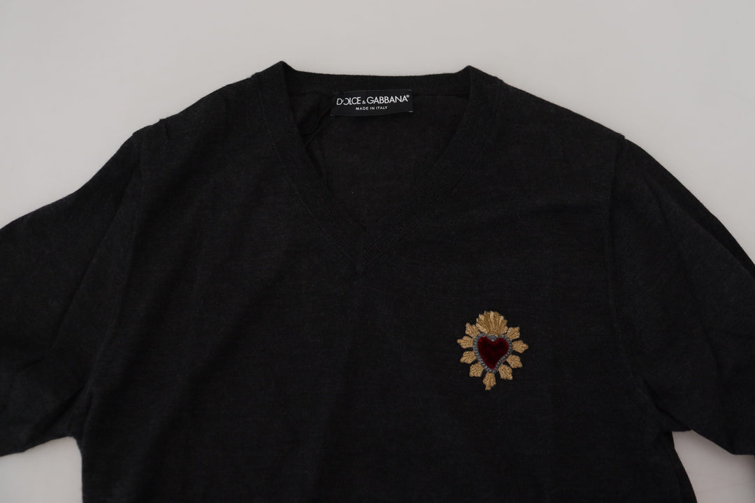 Dolce &amp; Gabbana Gray Cashmere V-neck Gold Heart Sweater