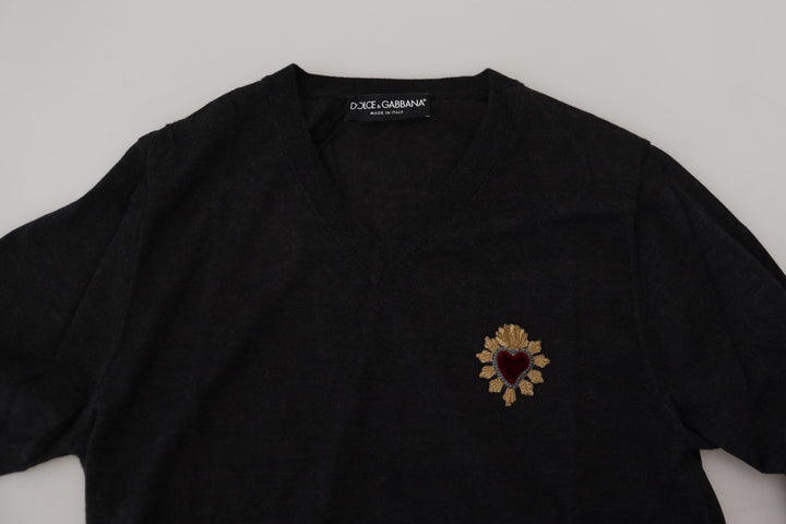 Dolce &amp; Gabbana Gray Cashmere V-neck Gold Heart Sweater