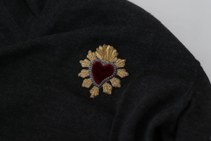 Dolce &amp; Gabbana Gray Cashmere V-neck Gold Heart Sweater