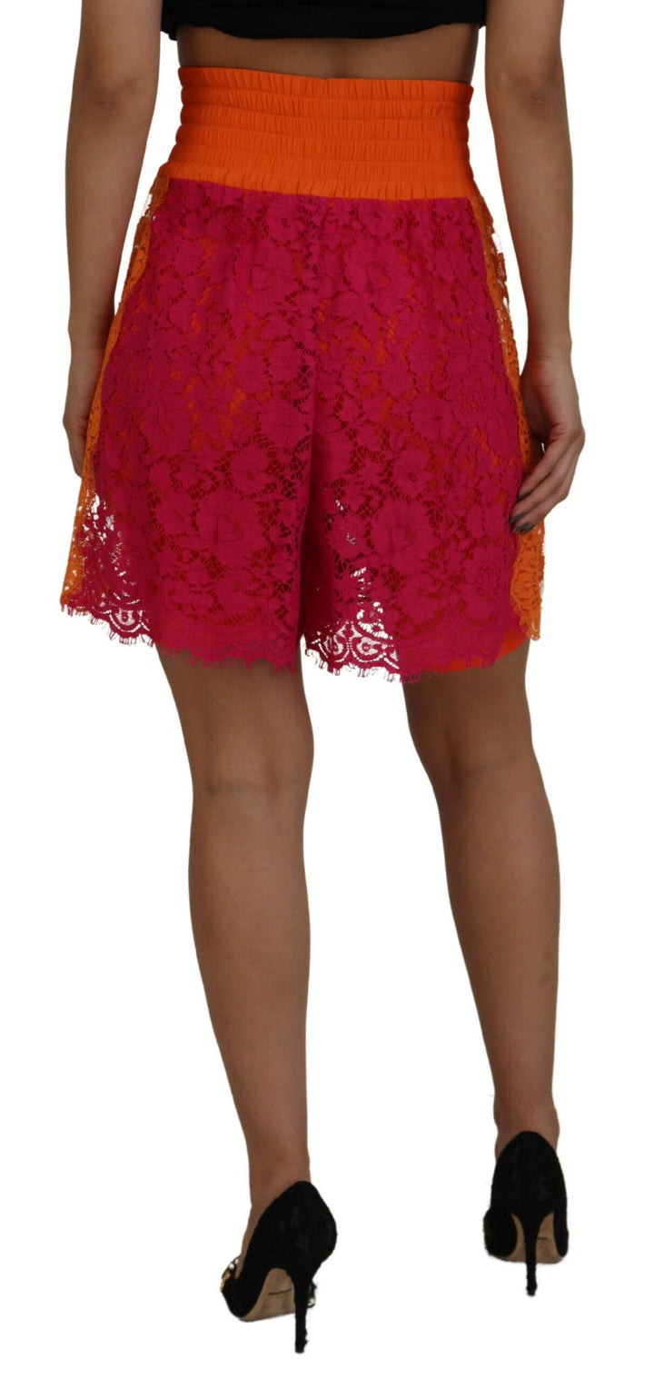 Dolce &amp; Gabbana Pink Orange Lace Cotton High Waist Shorts