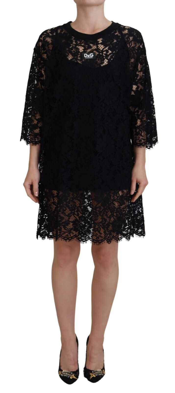 Dolce &amp; Gabbana Black Floral Lace Cotton Shift Mini Dress