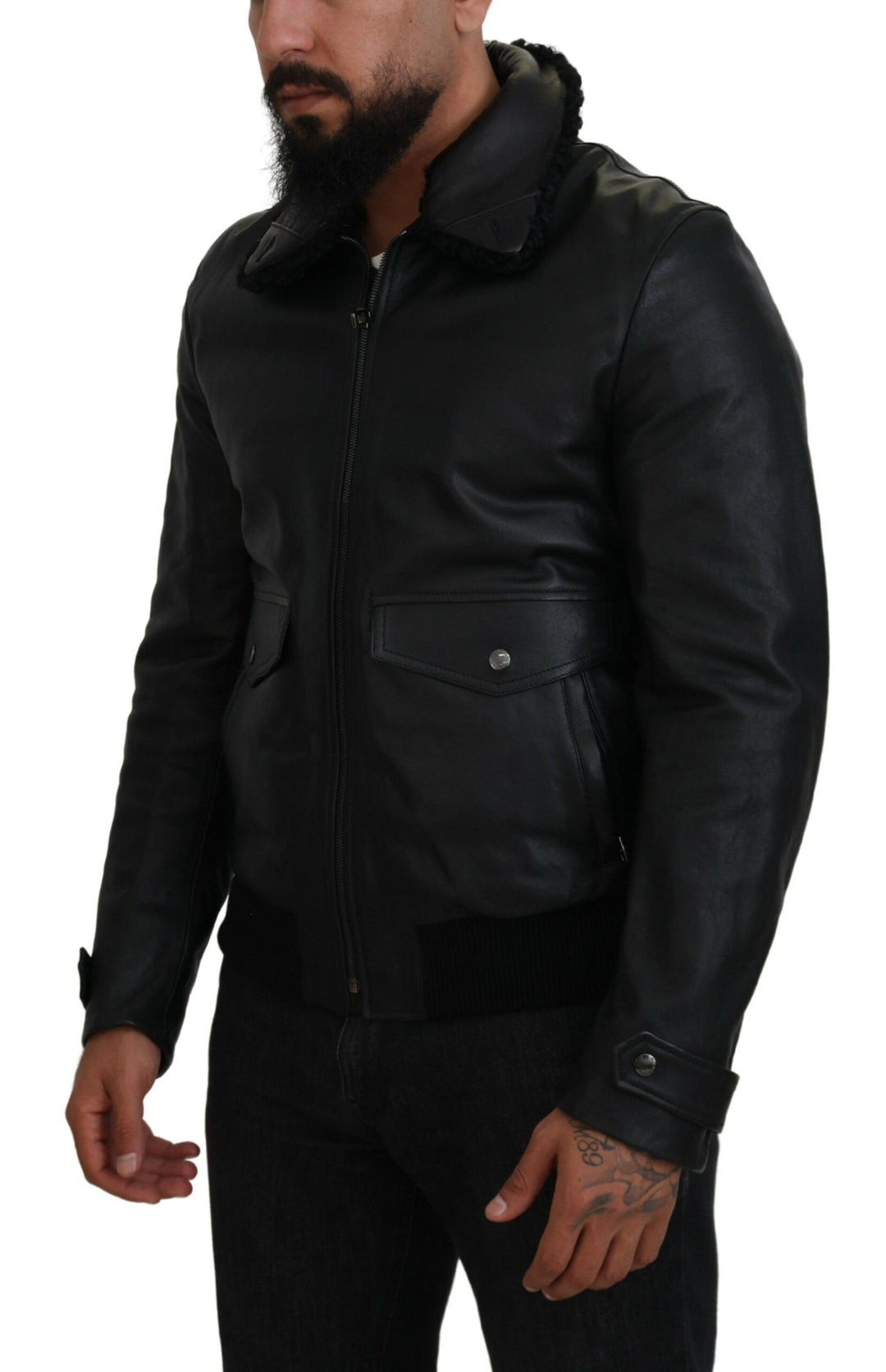 Dolce &amp; Gabbana Black Lamb Leather Collared Men Coat Jacket