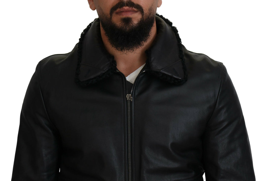 Dolce &amp; Gabbana Black Lamb Leather Collared Men Coat Jacket