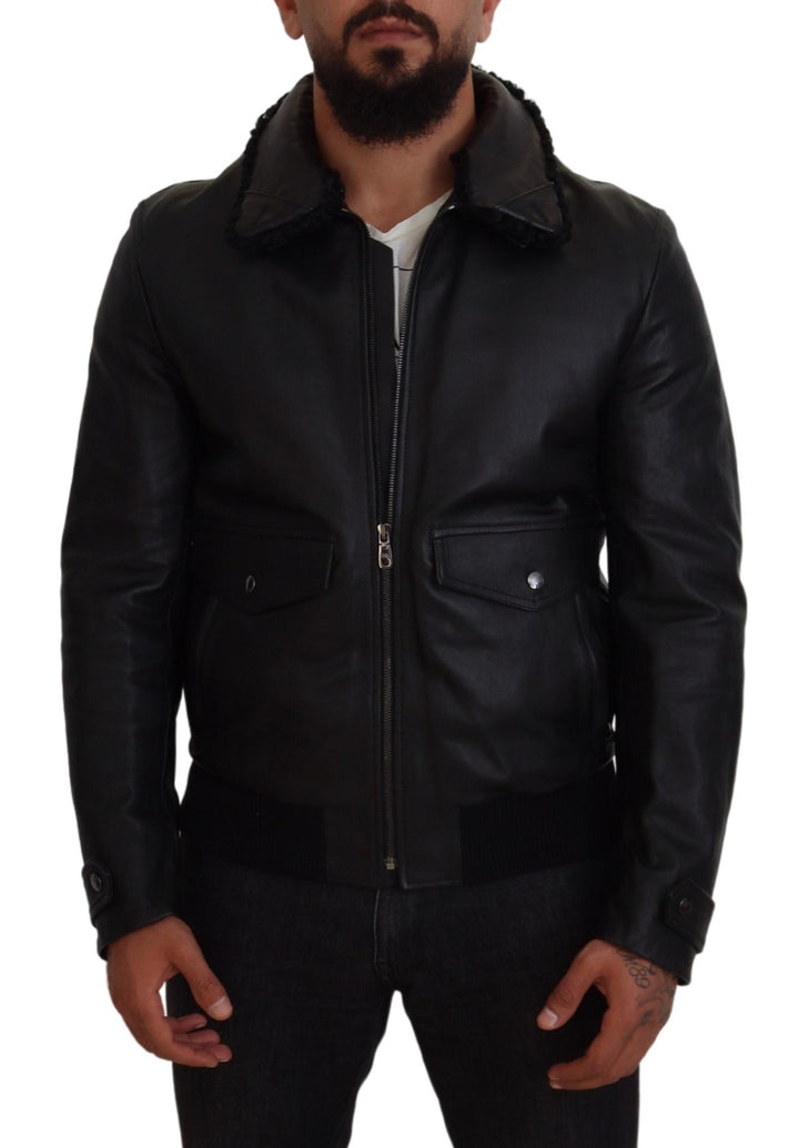 Dolce &amp; Gabbana Black Lamb Leather Collared Men Coat Jacket