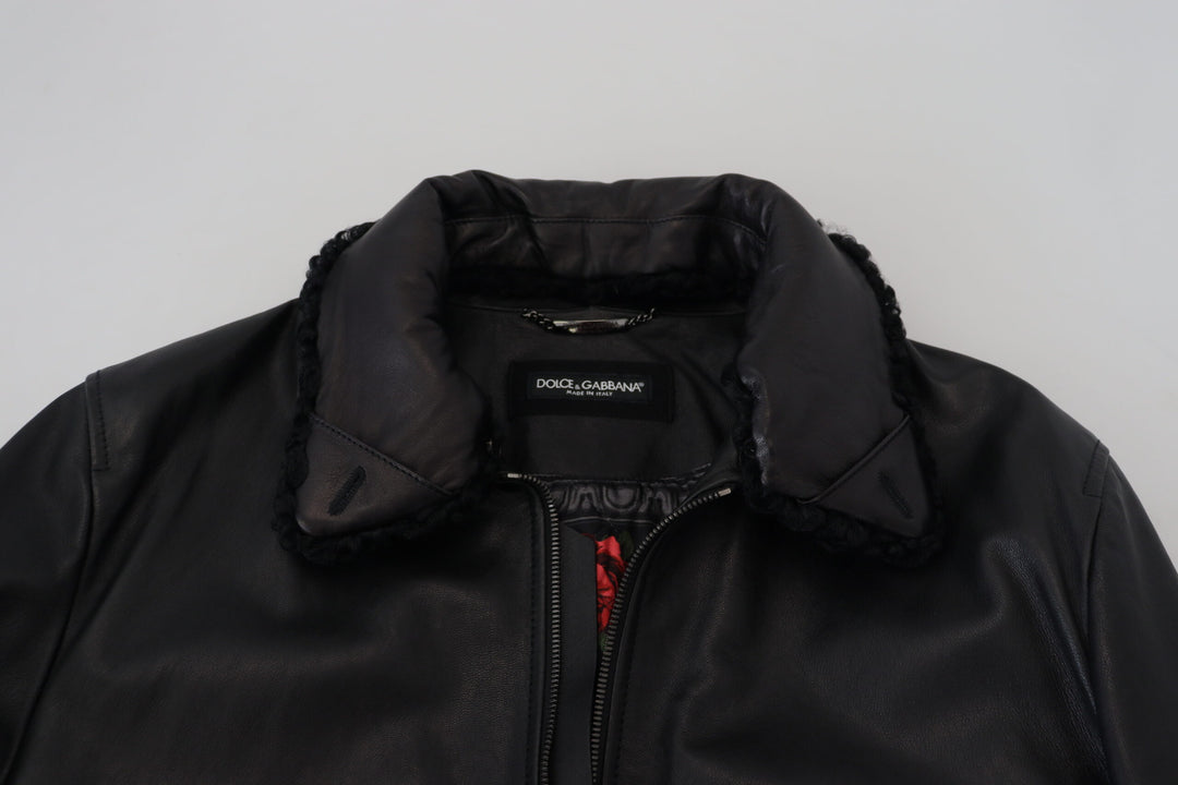 Dolce &amp; Gabbana Black Lamb Leather Collared Men Coat Jacket