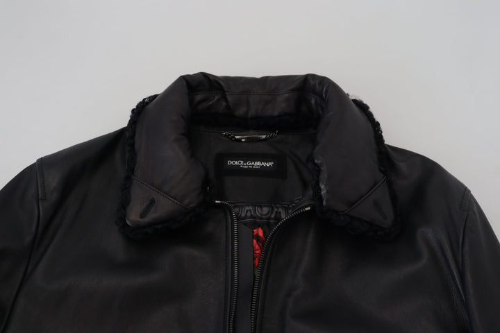 Dolce &amp; Gabbana Black Lamb Leather Collared Men Coat Jacket