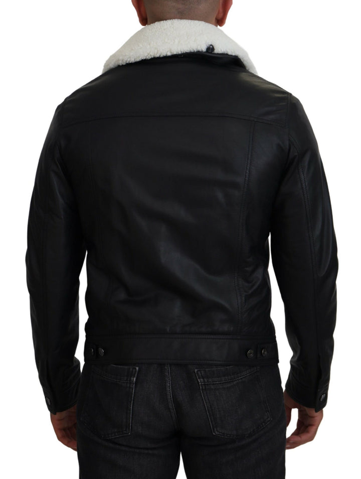 Dolce &amp; Gabbana Black Lamb Leather Collared Men Coat Jacket
