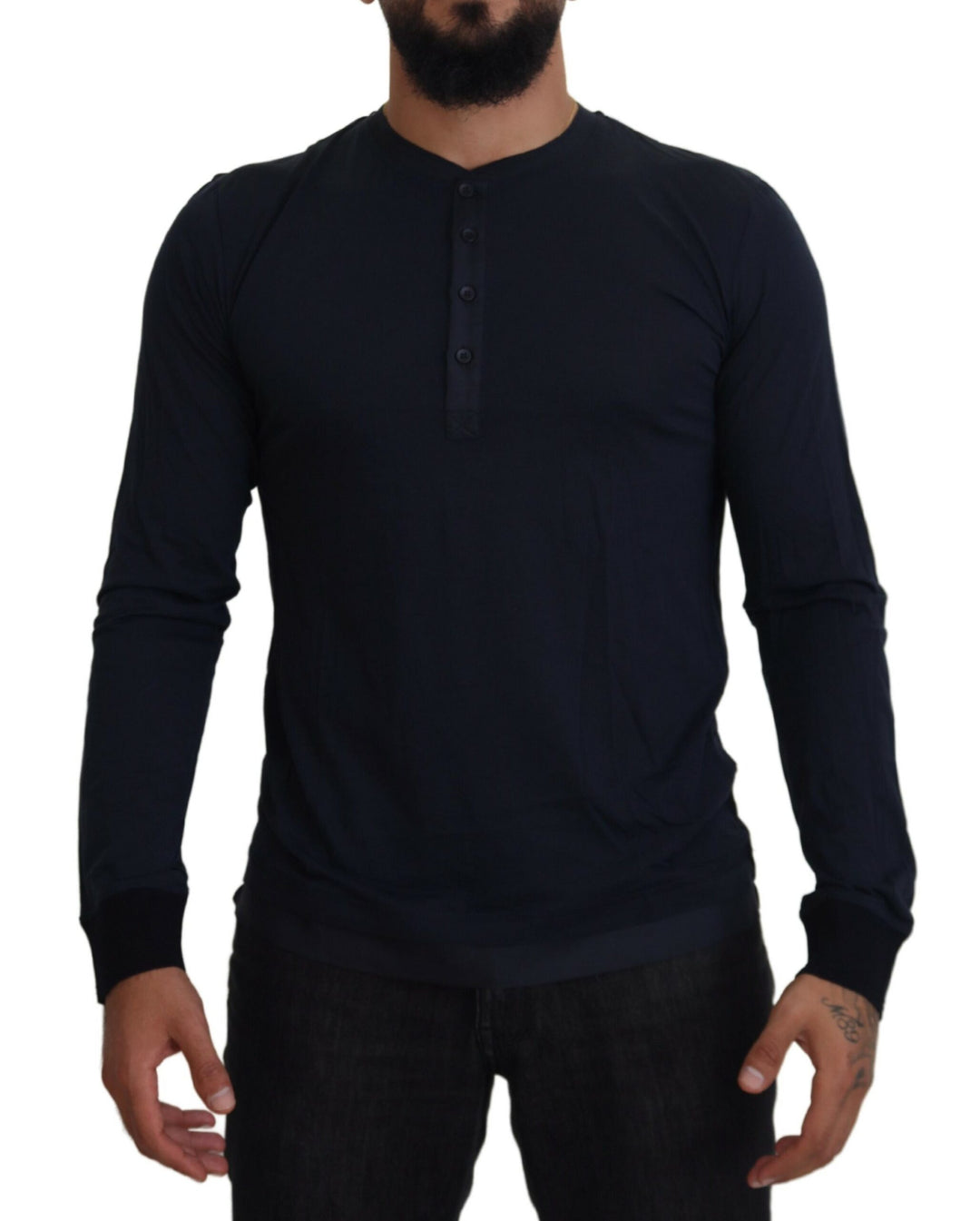 Dolce &amp; Gabbana Blue Cotton Button Crewneck Pullover Sweater