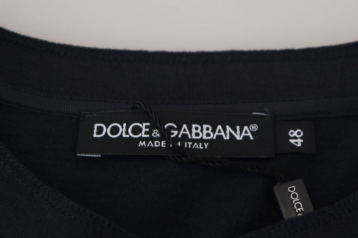 Dolce &amp; Gabbana Blue Cotton Button Crewneck Pullover Sweater