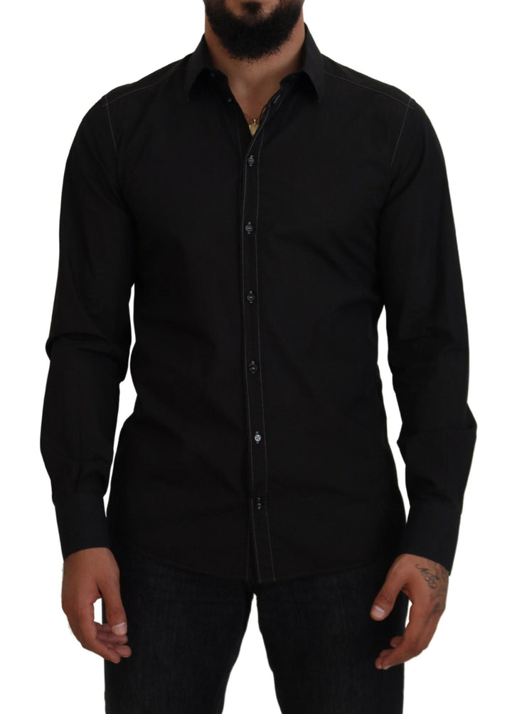 Dolce &amp; Gabbana Black Cotton Collared Long Sleeve GOLD Shirt