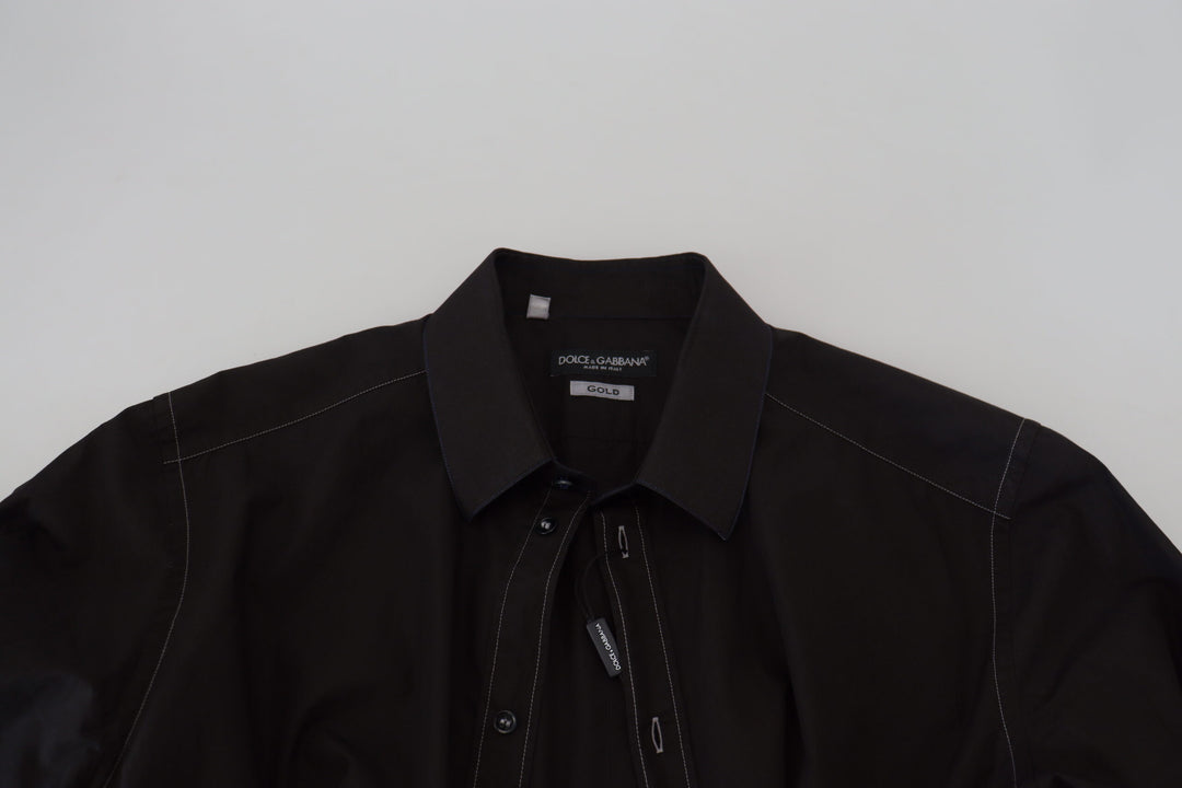 Dolce &amp; Gabbana Black Cotton Collared Long Sleeve GOLD Shirt