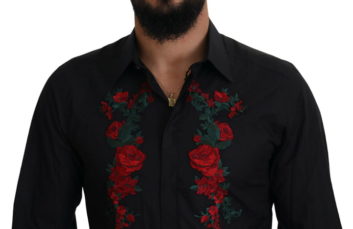Dolce &amp; Gabbana Black Floral Embroidery Men Long Sleeves GOLD Shirt