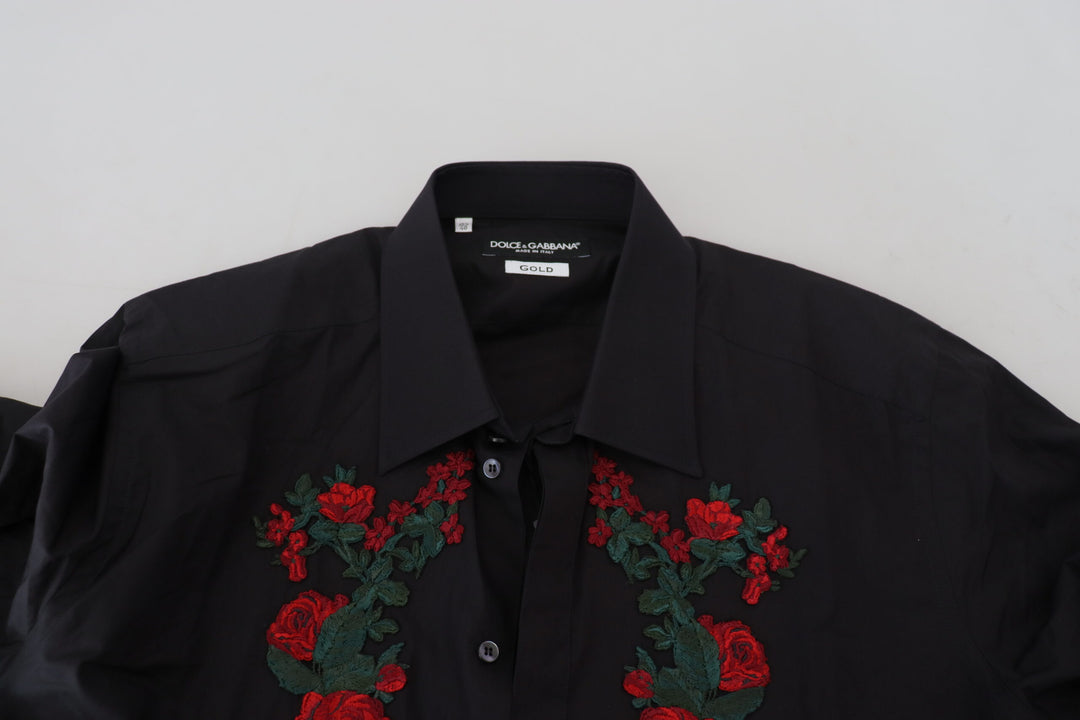 Dolce &amp; Gabbana Black Floral Embroidery Men Long Sleeves GOLD Shirt