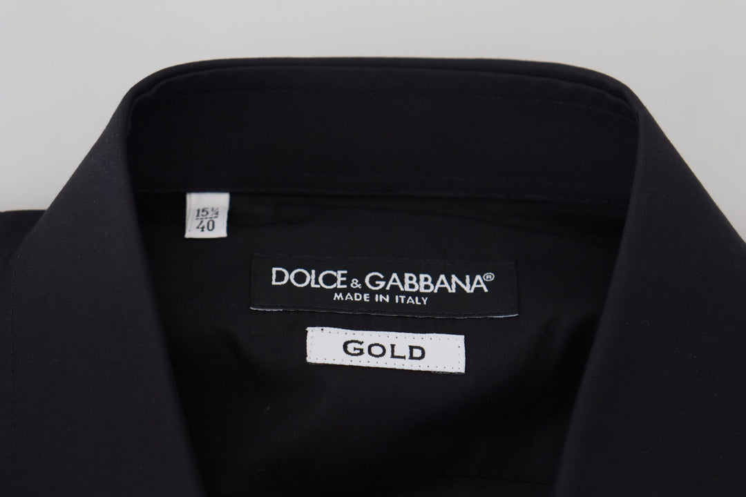Dolce &amp; Gabbana Black Floral Embroidery Men Long Sleeves GOLD Shirt