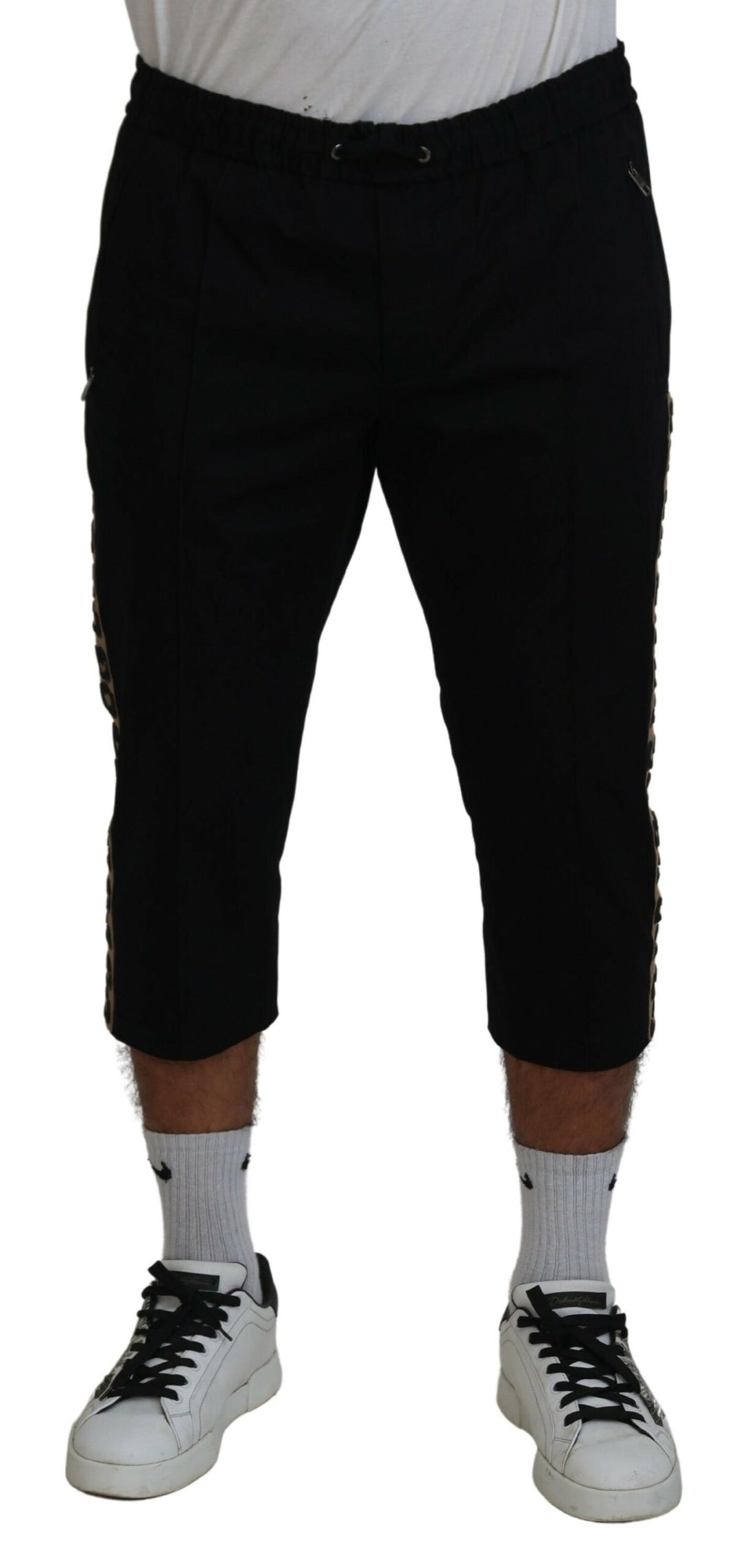 Dolce &amp; Gabbana Black Cotton Elastic Waist DG Logo Cropped Pants