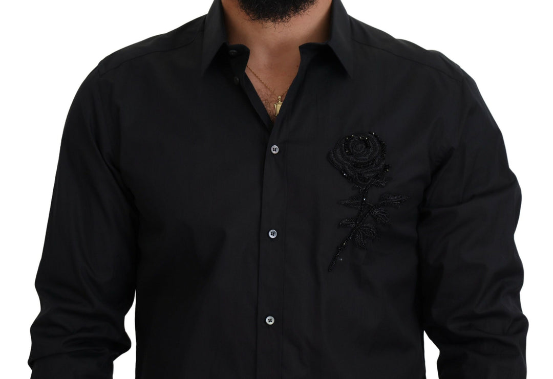Dolce &amp; Gabbana Black Roses Slim Fit Cotton Shirt