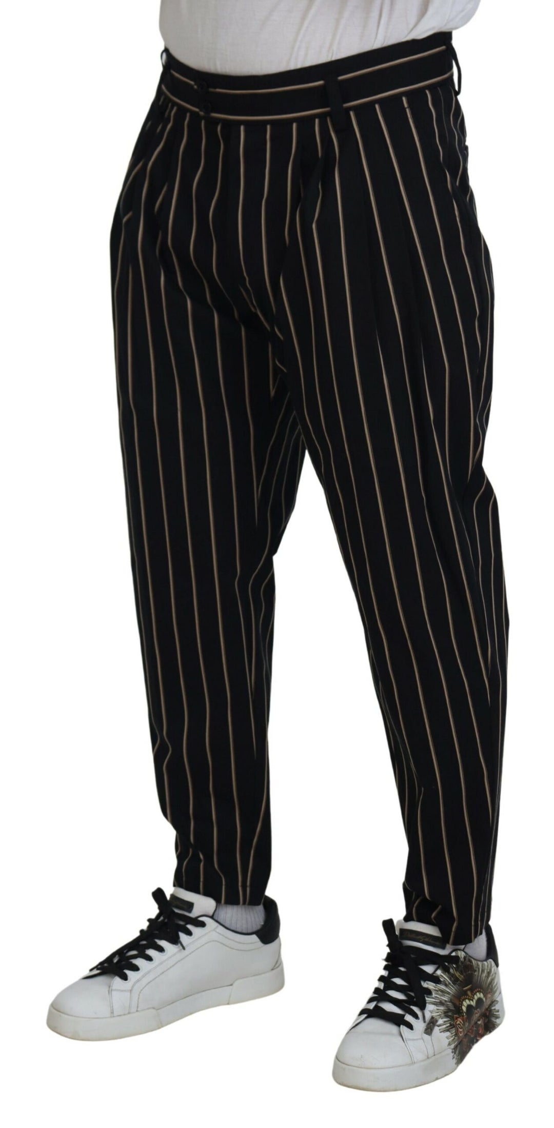Dolce &amp; Gabbana Black Beige Striped Cotton Stretch Pants