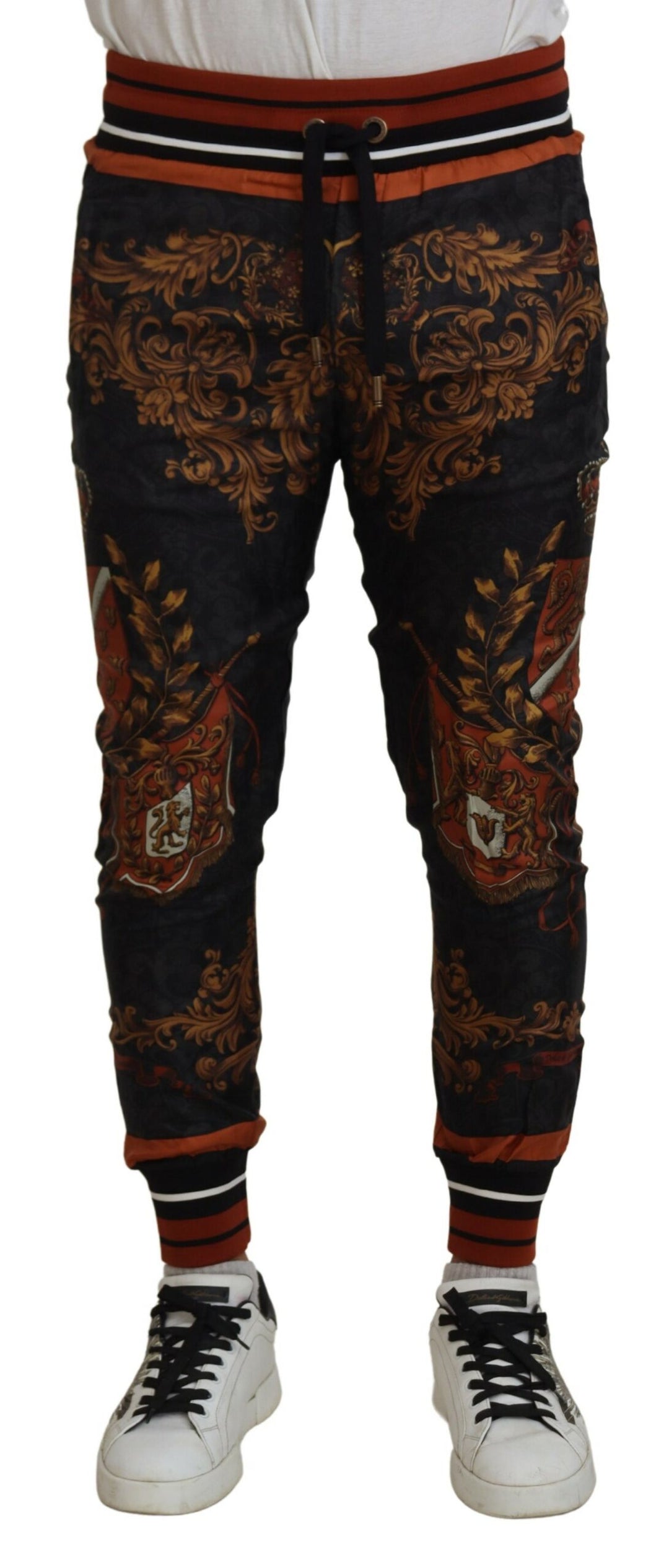 Dolce &amp; Gabbana Gray Silk Baroque Crown Trousers Sport Pants