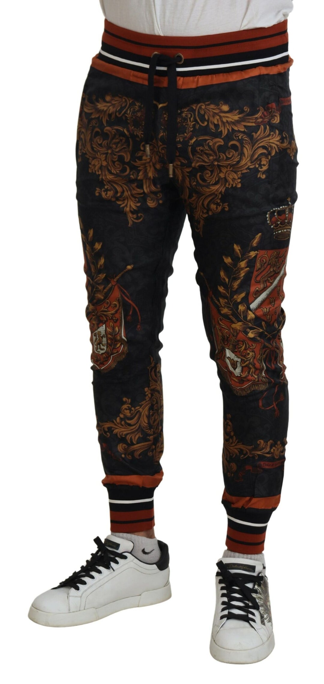 Dolce &amp; Gabbana Gray Silk Baroque Crown Trousers Sport Pants