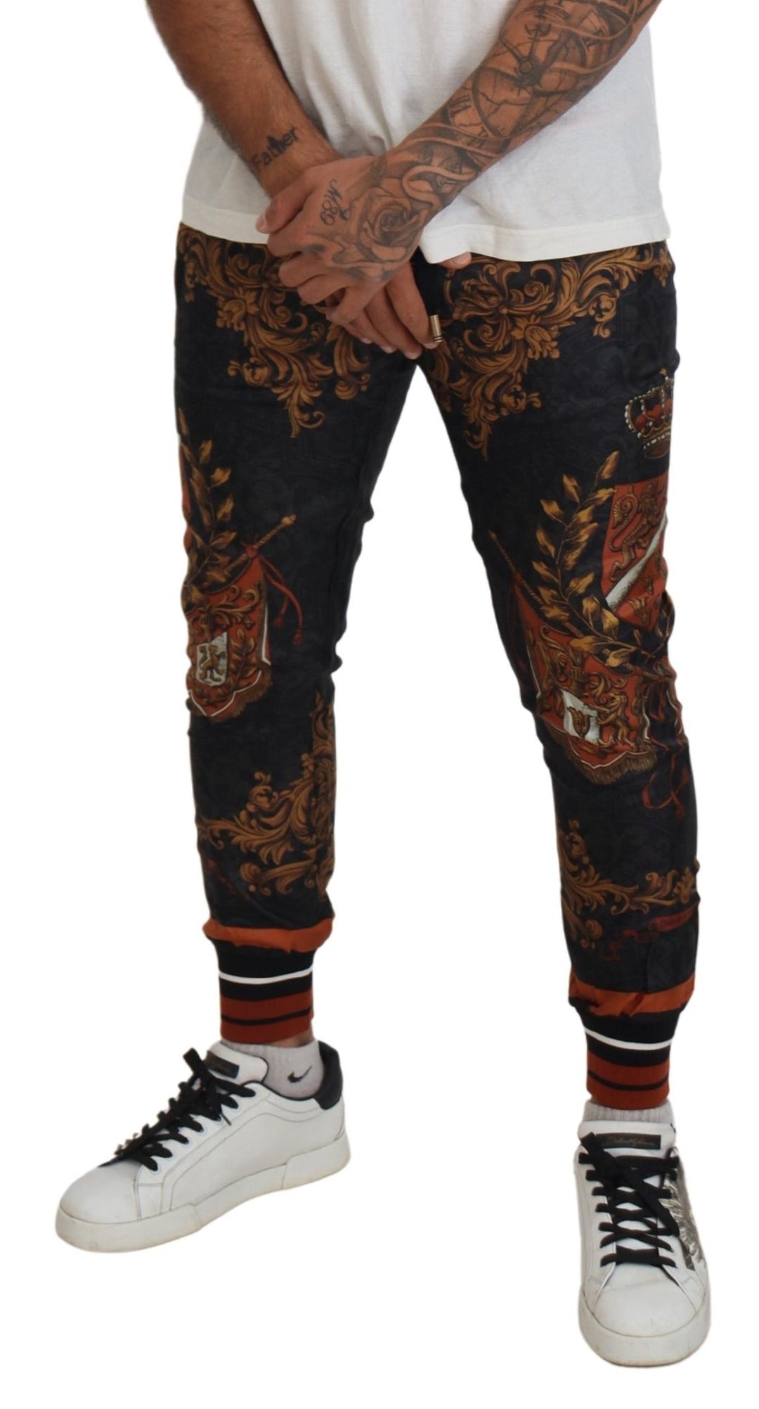 Dolce &amp; Gabbana Gray Silk Baroque Crown Trousers Sport Pants