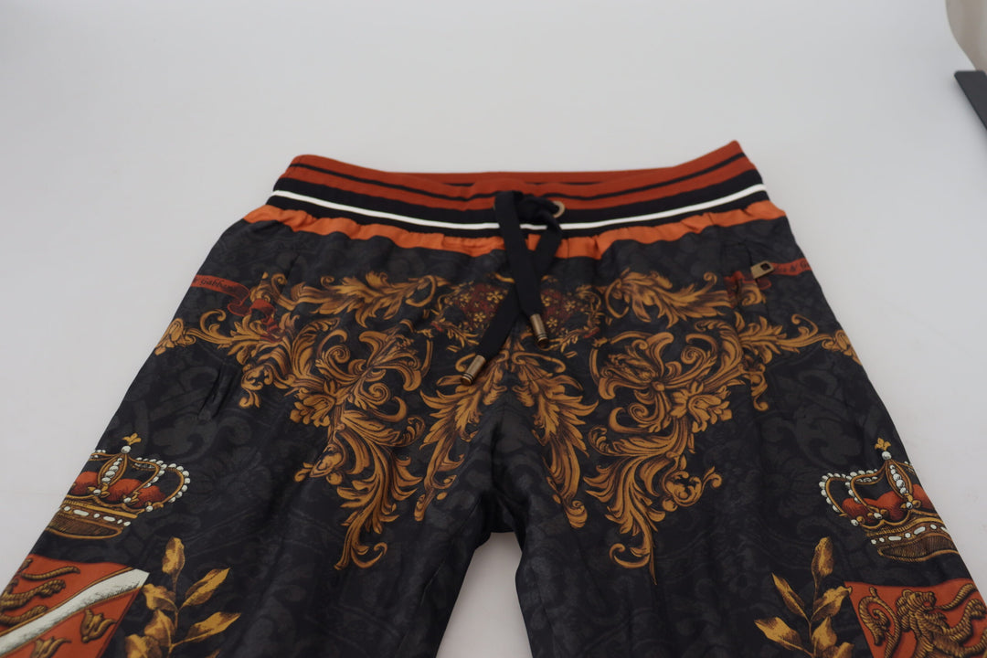 Dolce &amp; Gabbana Gray Silk Baroque Crown Trousers Sport Pants
